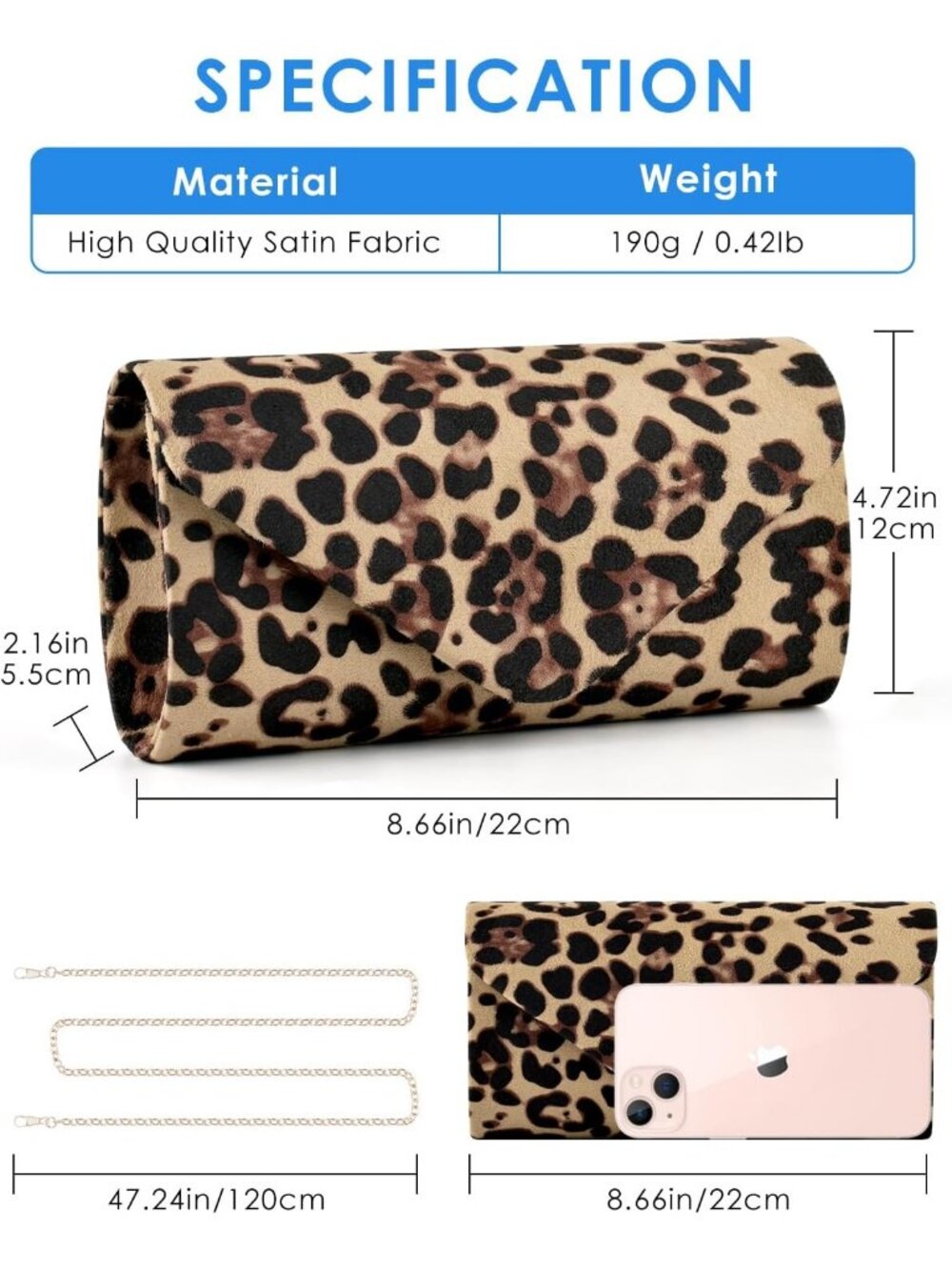 Women's Leopard Clutch Purse Metallic Wedding Prom Imported Evening Bag - Picture 4 of 7
